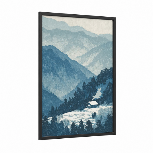 Snowy Ridge Vista framed blue ridge mountains print — black wood frame — blue and white and dove gray palette