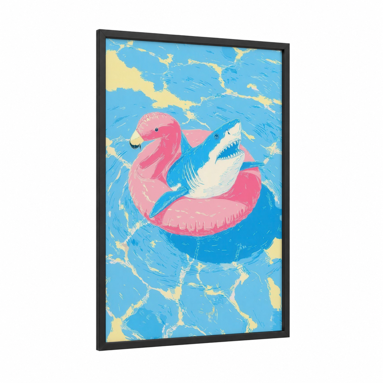 Blue Shark Pool Float framed art print — black wood frame — blue and magenta palette