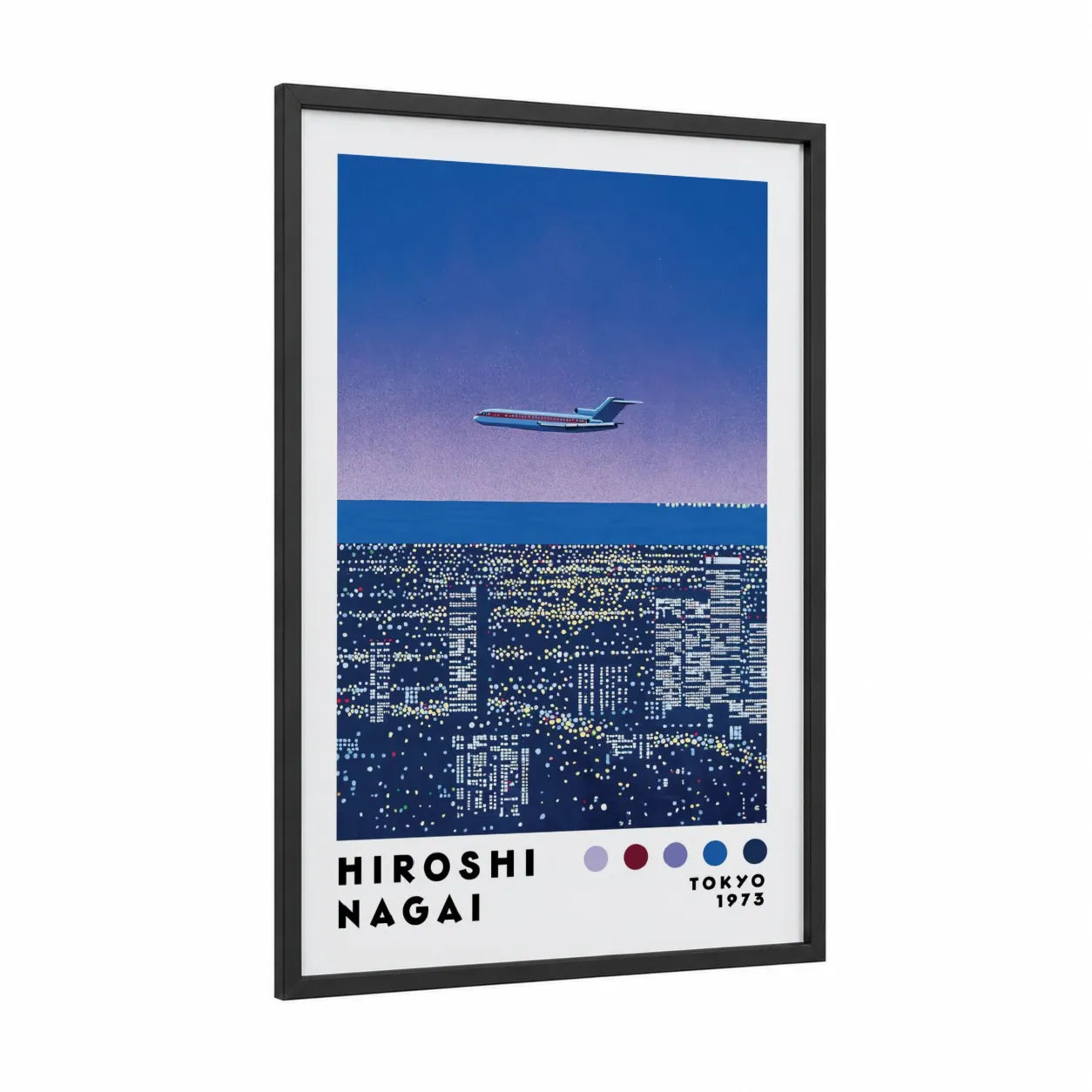 Tokyo Night Cityscape Airplane Wall Art framed art print — black wood frame — blue and lavender palette