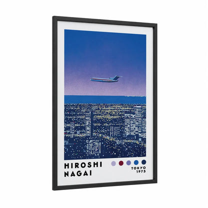 Tokyo Night Cityscape Airplane Wall Art framed art print — black wood frame — blue and lavender palette