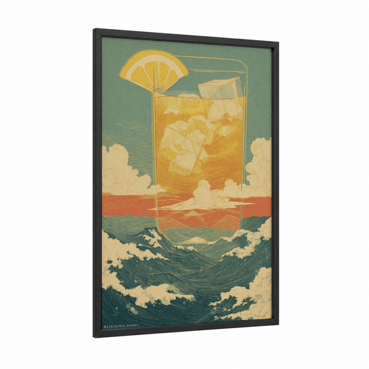 Tropical Iced Tea framed art print — black wood frame — yellow gold and sage green palette
