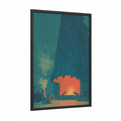 Warmth Within framed fireplace print — black wood frame — teal and orange palette