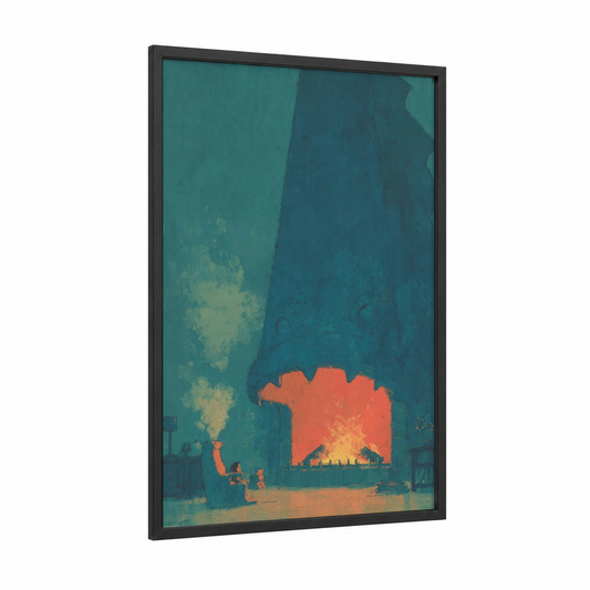 Warmth Within framed fireplace print — black wood frame — teal and orange palette