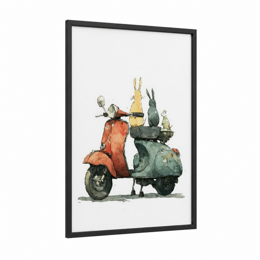 Whimsical Scooter Ride framed art print — black wood frame — russet and sage green palette
