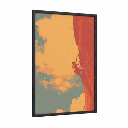 Crimson Ascent framed rock climbing print — black wood frame — red and gold palette