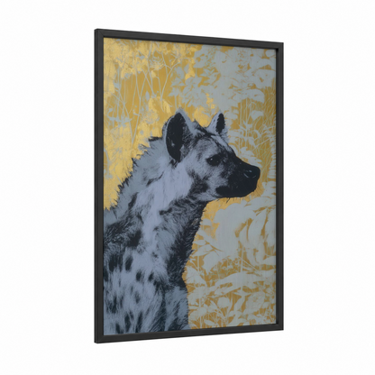 Golden Hyena framed art print — black wood frame — gold and black and white palette