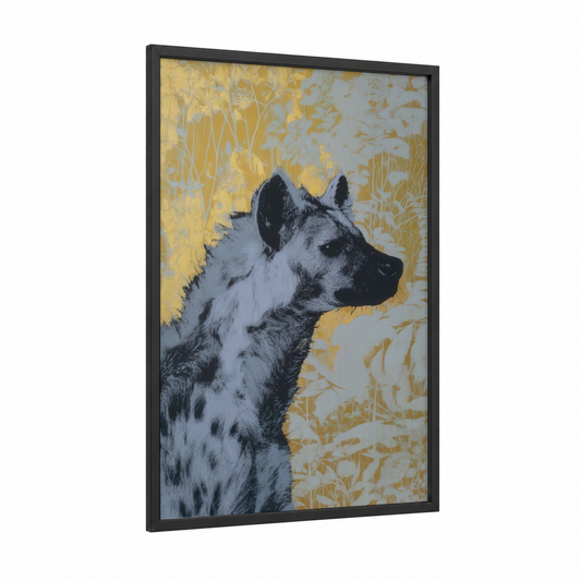 Golden Hyena framed art print — black wood frame — gold and black and white palette