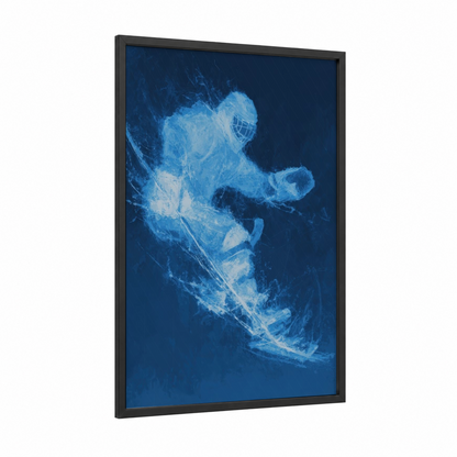 Ethereal Hockey Motion framed ice hockey print — black wood frame — blue and white palette