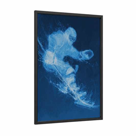 Ethereal Hockey Motion framed ice hockey print — black wood frame — blue and white palette