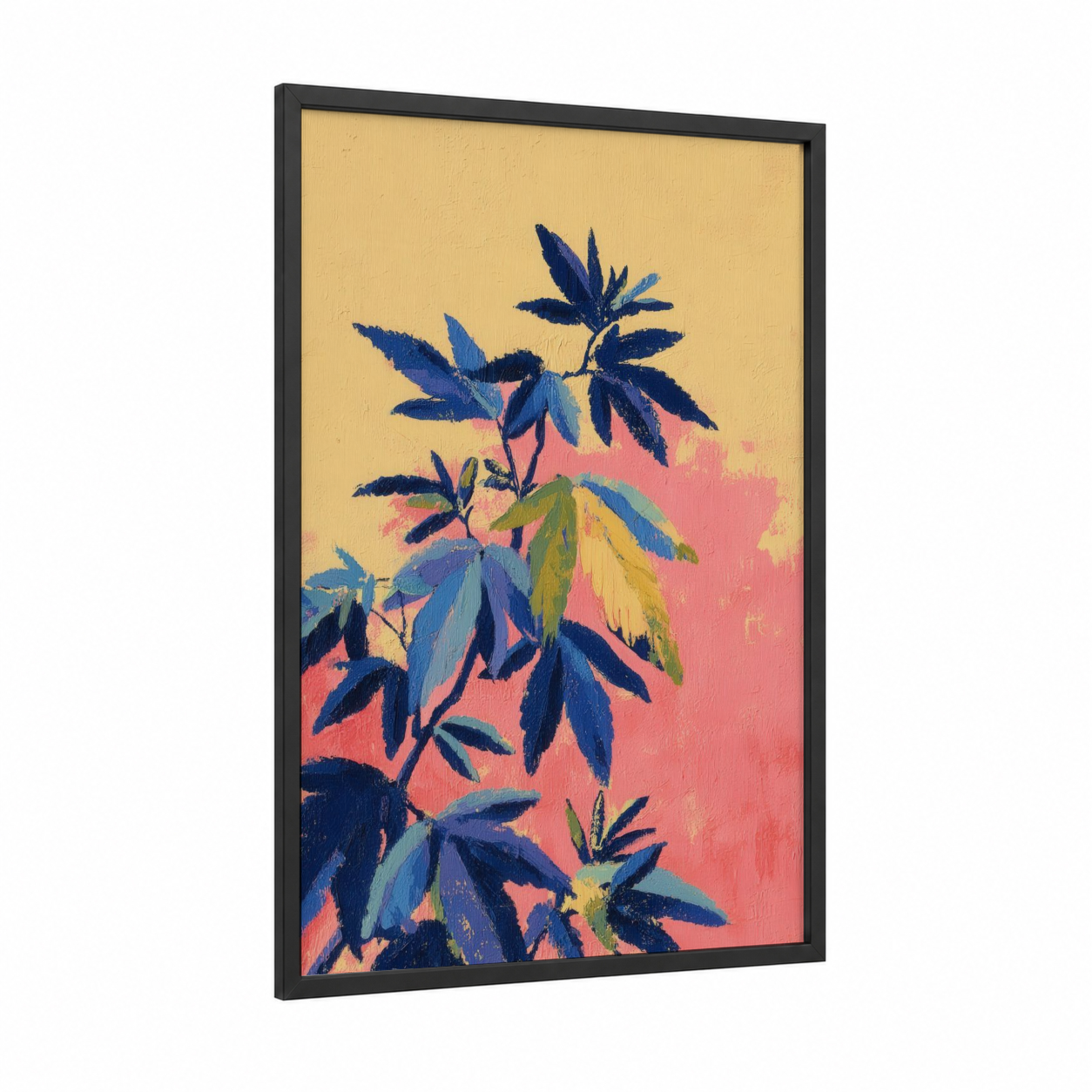 Golden Cannabis Bloom framed art print — black wood frame — gold and pink palette