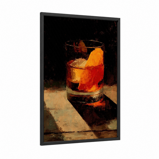 Amber Cocktail framed art print — black wood frame — red and gold palette