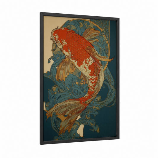 Crimson Koi framed koi fish print — black wood frame — red and teal palette