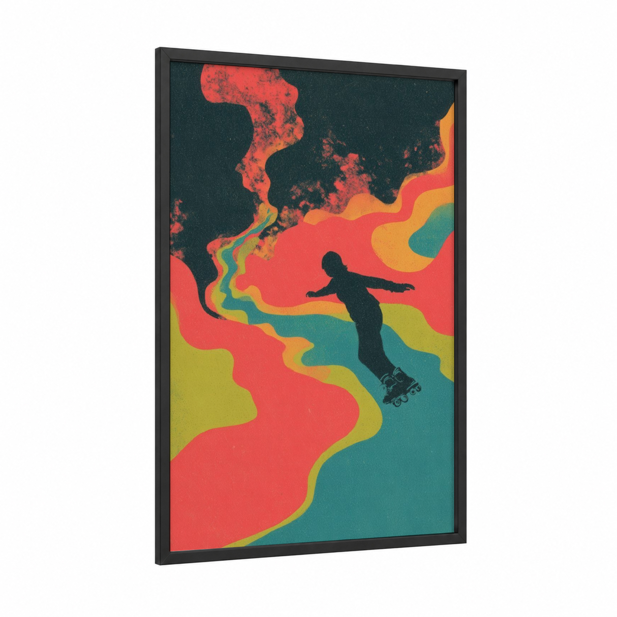 Neon Roller Skater framed roller skating print — black wood frame — red and teal palette