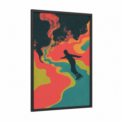 Neon Roller Skater framed roller skating print — black wood frame — red and teal palette
