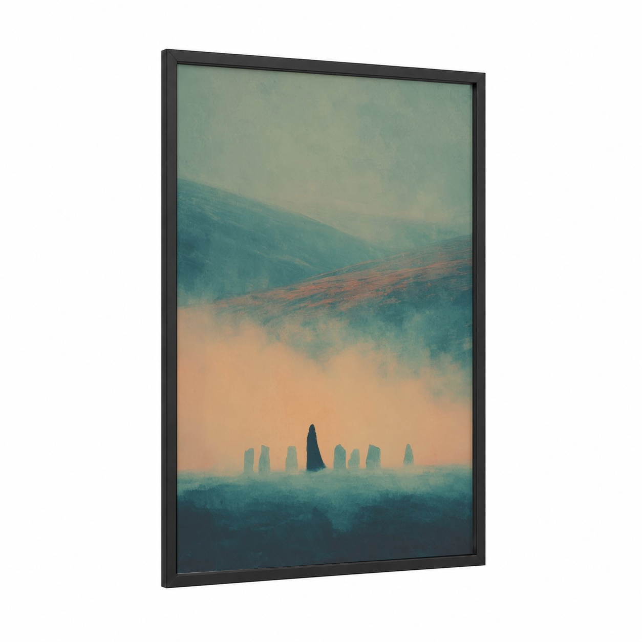 Misty Stones framed wiccan print — black wood frame — teal and peach palette