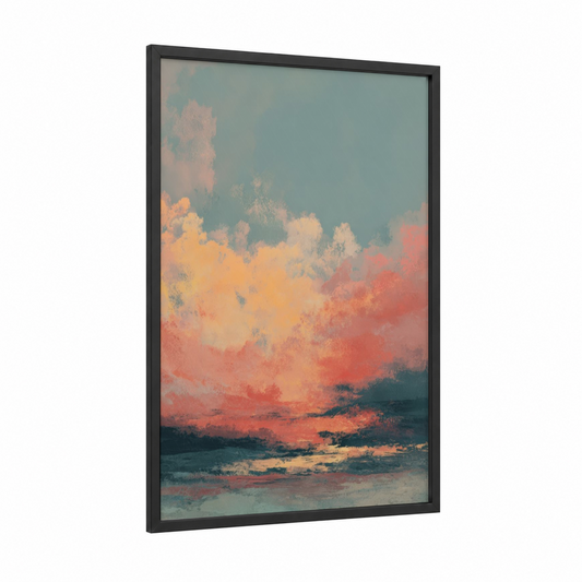 Pastel Morning Sunrise framed morning sky print — black wood frame — peach and sage green palette