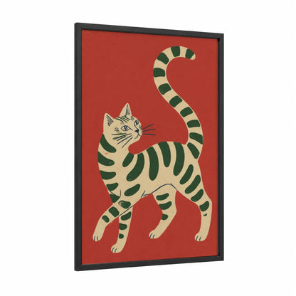 Striped Cat Minimalist Wall Art framed art print — black wood frame — red and cream palette