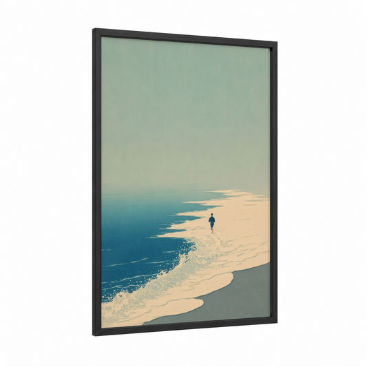 Solitary Beach Runner framed running print — black wood frame — cream and blue and white palette
