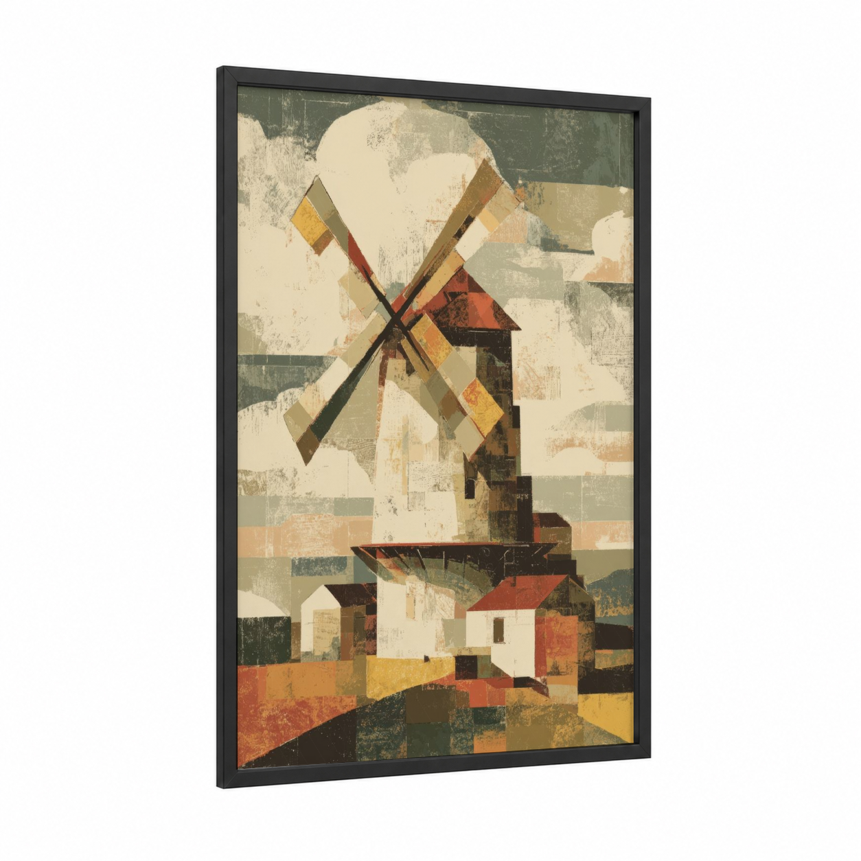 Rustic Windmill framed windmills print — black wood frame — gold and sage green palette