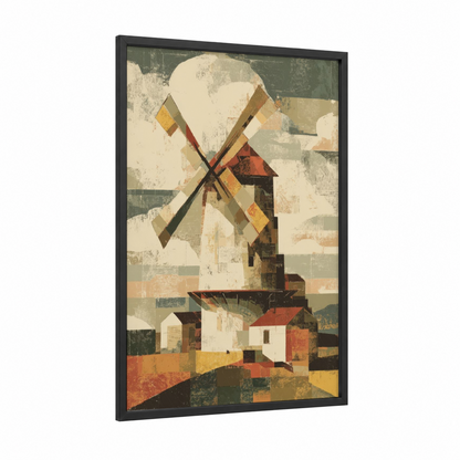 Rustic Windmill framed windmills print — black wood frame — gold and sage green palette