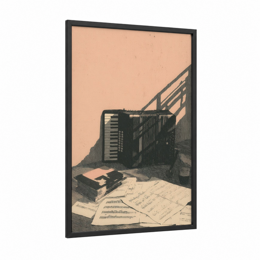 Vintage Accordion Studio framed art print — black wood frame — peach and black palette