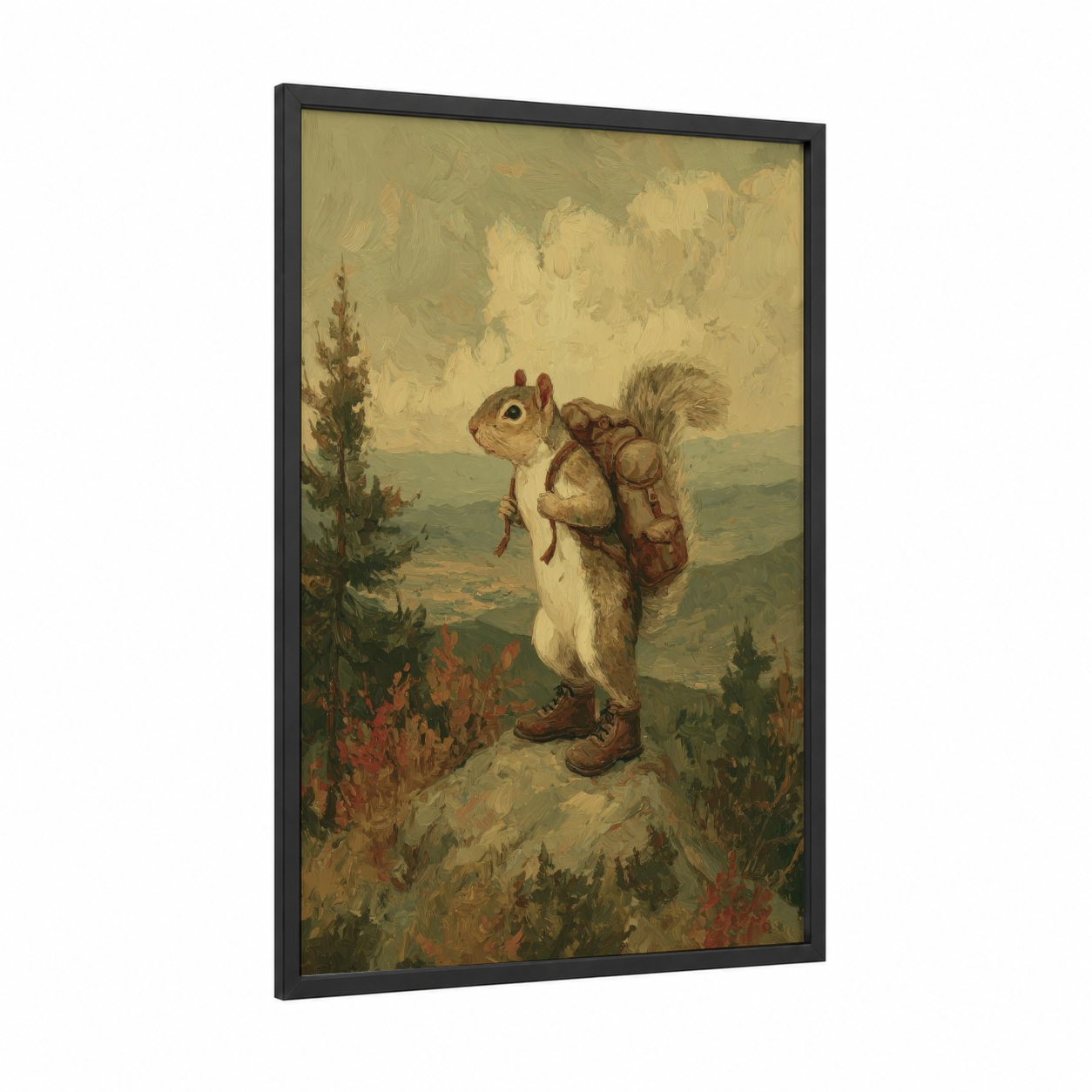 Adventurer Squirrel framed art print — black wood frame — gold and olive palette