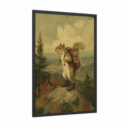 Adventurer Squirrel framed art print — black wood frame — gold and olive palette