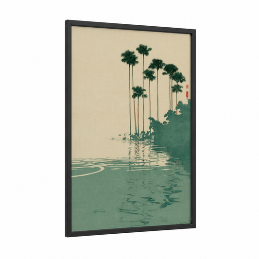 Tranquil Oasis framed art print — black wood frame — sage green and cream palette