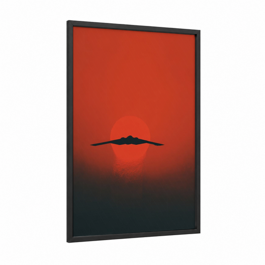 Silhouette Fighter framed military plane print — black wood frame — red and dark blue palette