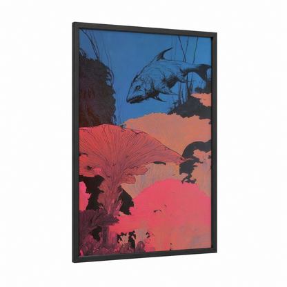 Neon Dragon Fish framed art print — black wood frame — blue and pink palette