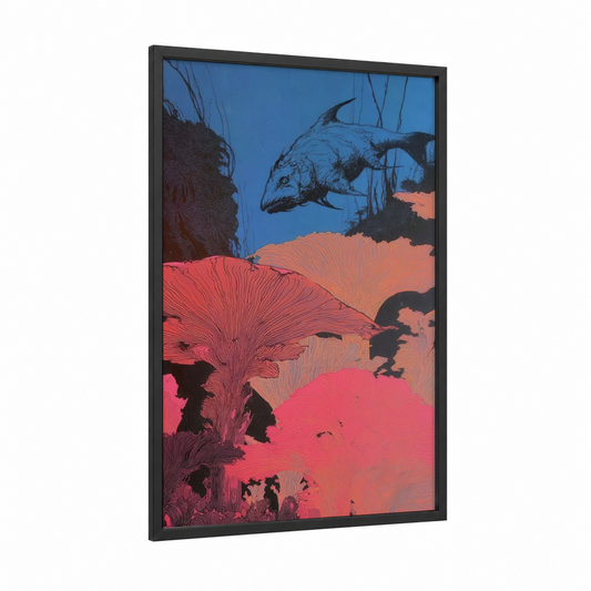 Neon Dragon Fish framed art print — black wood frame — blue and pink palette