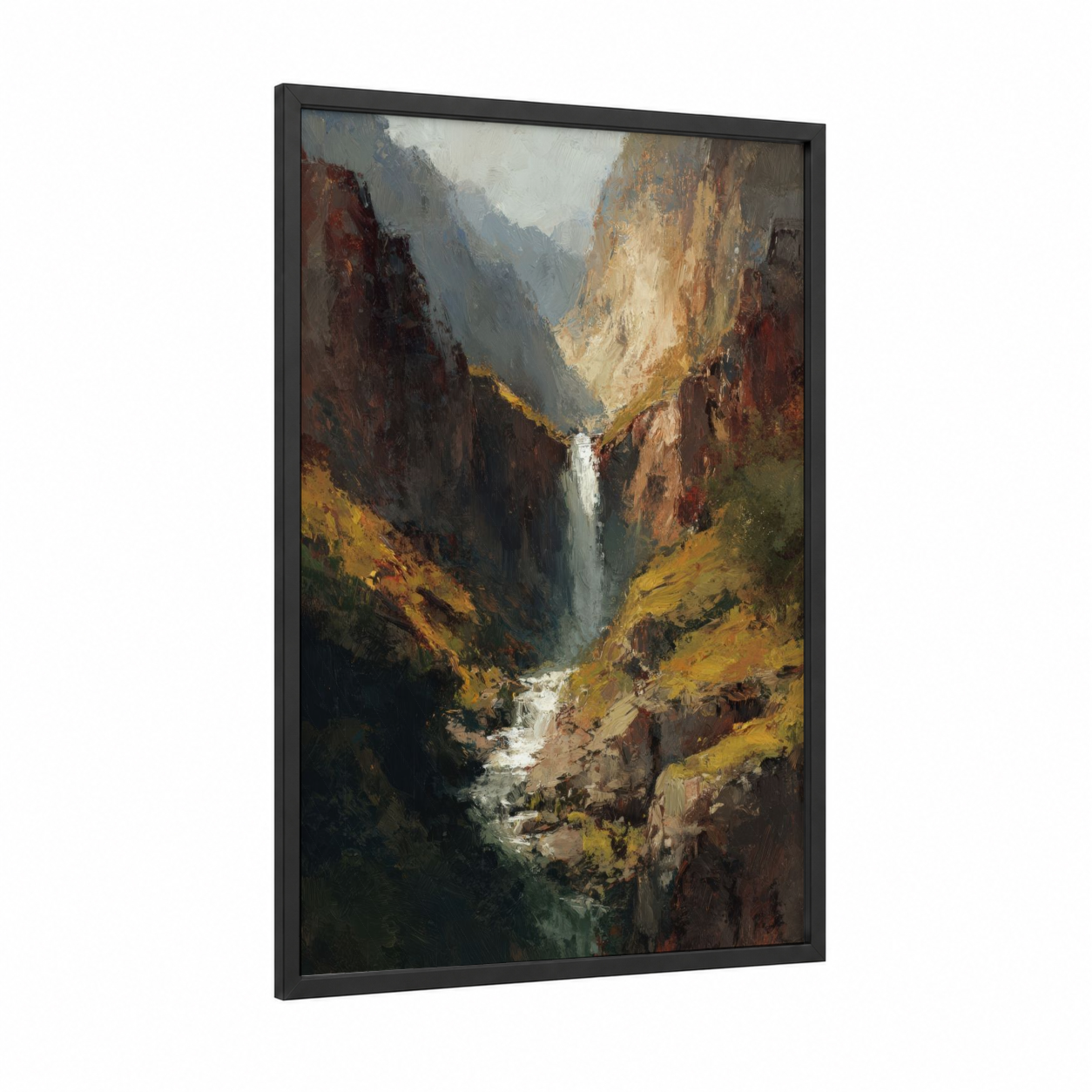 Mountain Waterfall Canyon framed art print — black wood frame — russet and gold palette