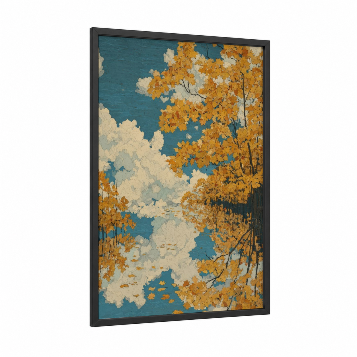 Golden Autumn Sky framed art print — black wood frame — gold and blue palette
