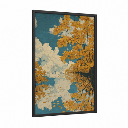 Golden Autumn Sky framed art print — black wood frame — gold and blue palette