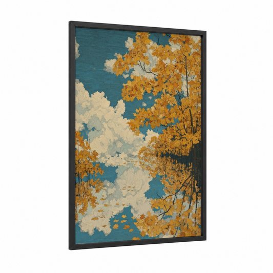 Golden Autumn Sky framed art print — black wood frame — gold and blue palette