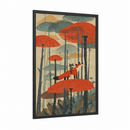 Red Umbrella Raccoon framed art print — black wood frame — red and sage green palette