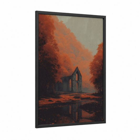 Autumn Cathedral Ruins framed art print — black wood frame — orange and dark blue palette