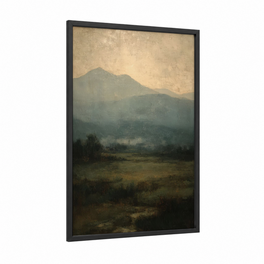 Misty Mountain Peak framed snowy mountains print — black wood frame — beige and dove gray palette