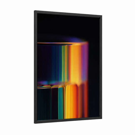 Spectrum Refraction framed glassworking print — black wood frame — blue and yellow and orange palette