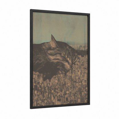 Urban Dreamer Cat framed art print — black wood frame — gold and teal palette
