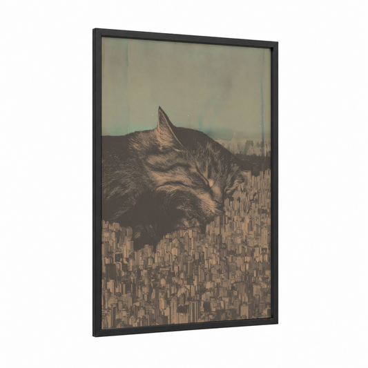 Urban Dreamer Cat framed art print — black wood frame — gold and teal palette