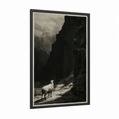 Canyon Sheep framed art print — black wood frame — black and white and gray palette