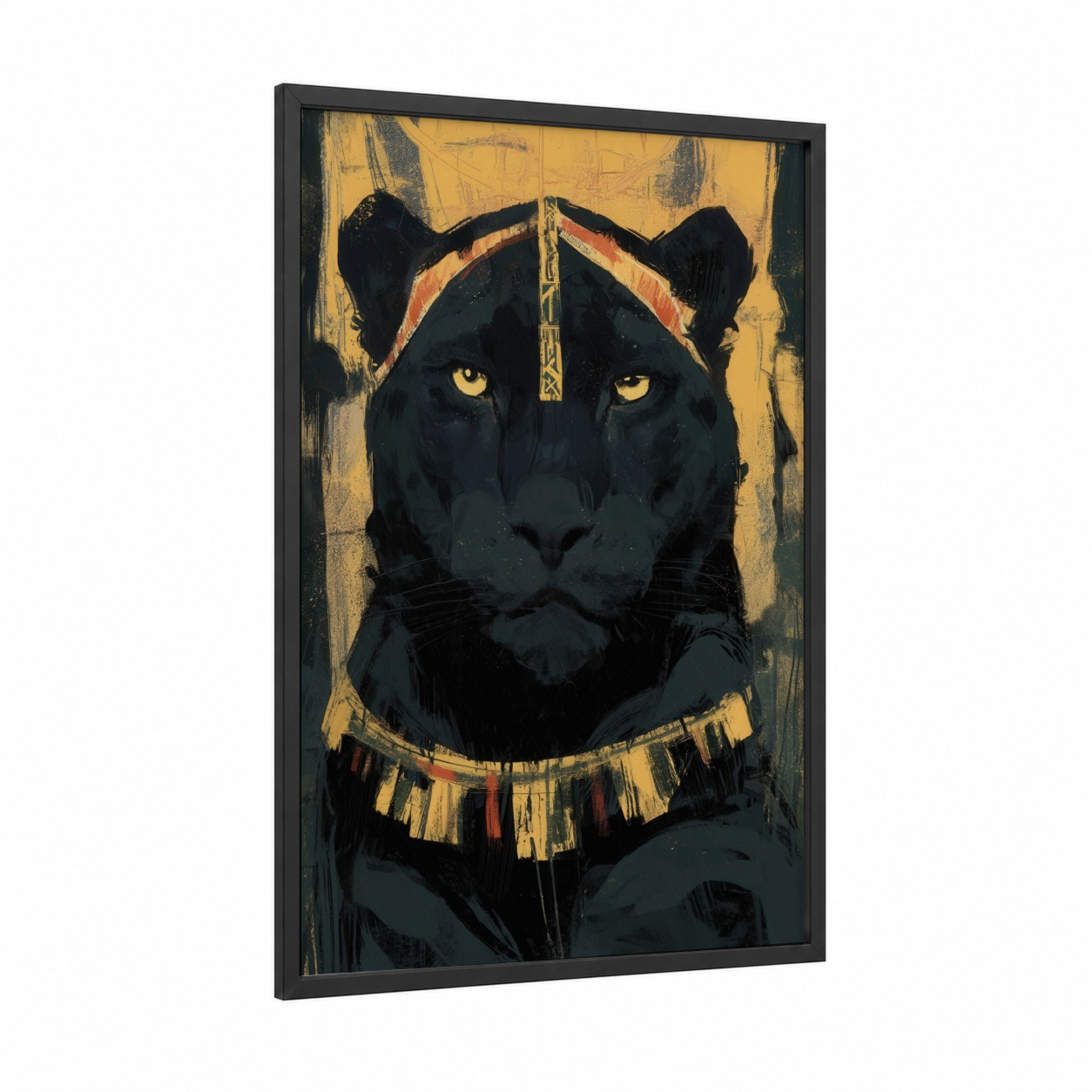 Regal Panther framed art print — black wood frame — gold and black and gold palette