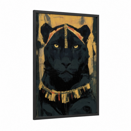 Regal Panther framed art print — black wood frame — gold and black and gold palette