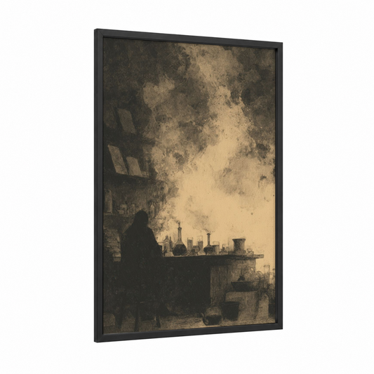 Alchemist's Forge framed dark fantasy print — black wood frame — black and gold and espresso palette