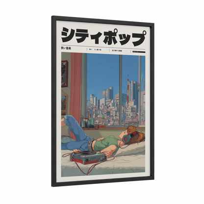 Chill City Vibes framed anime and manga print — black wood frame — blue and orange palette
