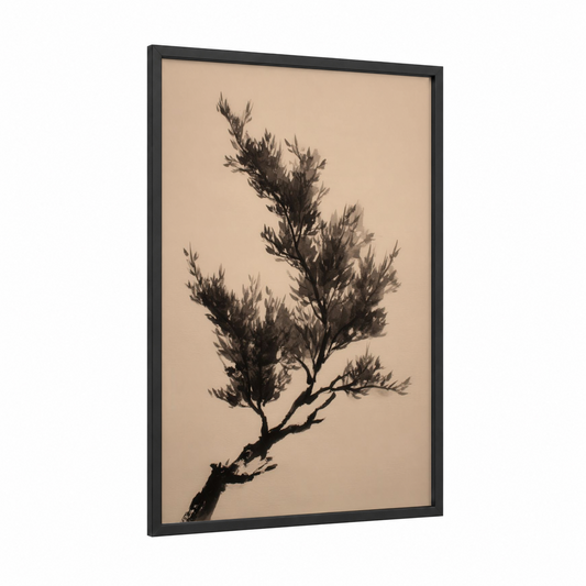 Minimalist Cedar framed cedar tree print — black wood frame — beige and black palette