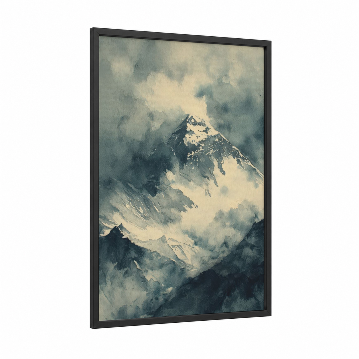 Misty Everest framed mount everest print — black wood frame — gray and white and dove gray palette