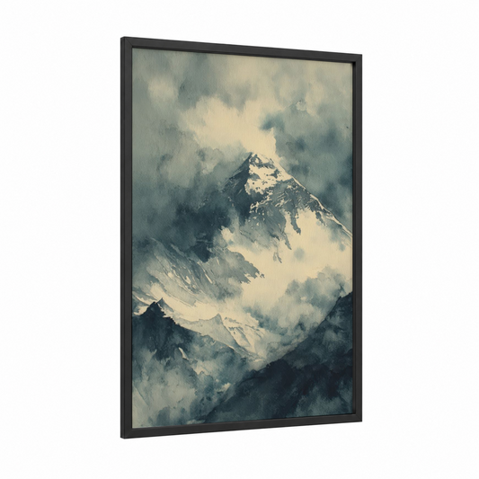 Misty Everest framed mount everest print — black wood frame — gray and white and dove gray palette