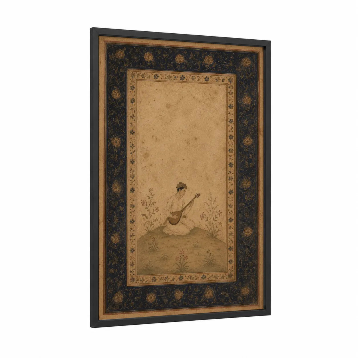Persian Musician with Stringed Instrument Wall Art framed art print — black wood frame — beige and espresso palette